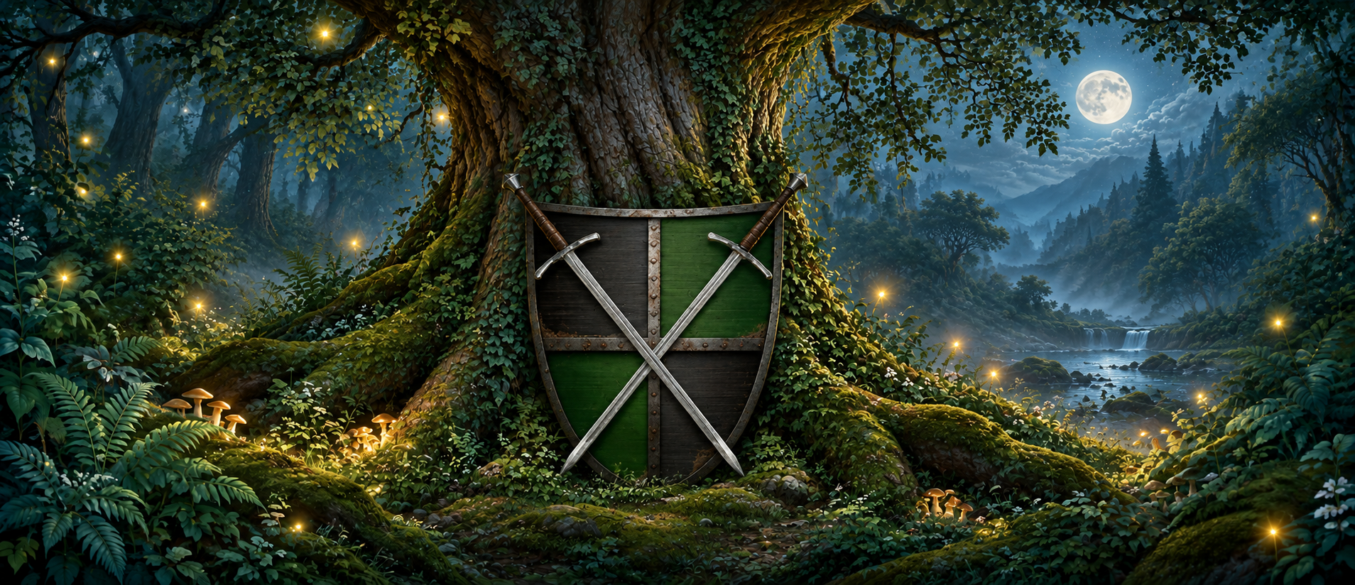 The Guard’s green-and-black shield and crossed swords resting against an ancient tree in an enchanted woodland